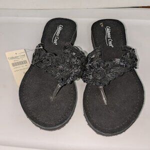 Coldwater Creek Woman's Size 8 Black Floral Textured Flip Flop Sandals NWT